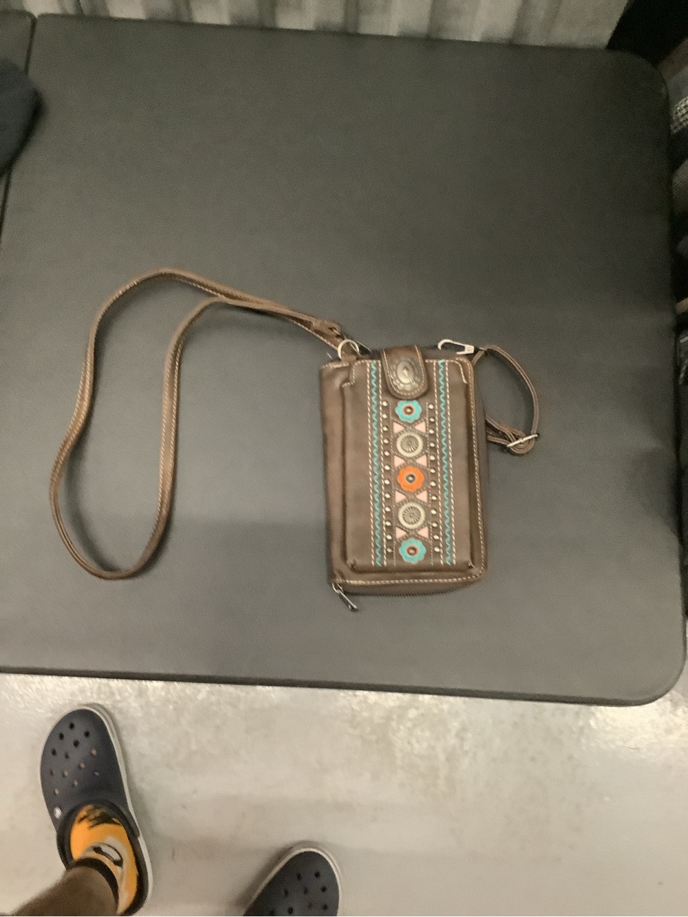 Brown Crossbody Bag with Turquoise & Orange Embroidered Accents